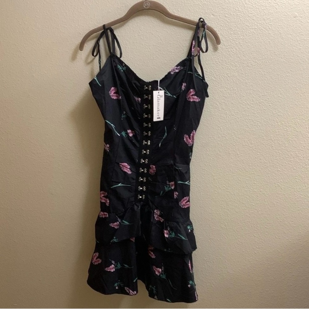 Glamaker Ditsy Floral Black Mini Dress Women’s Medium Whimsygoth Halloween New